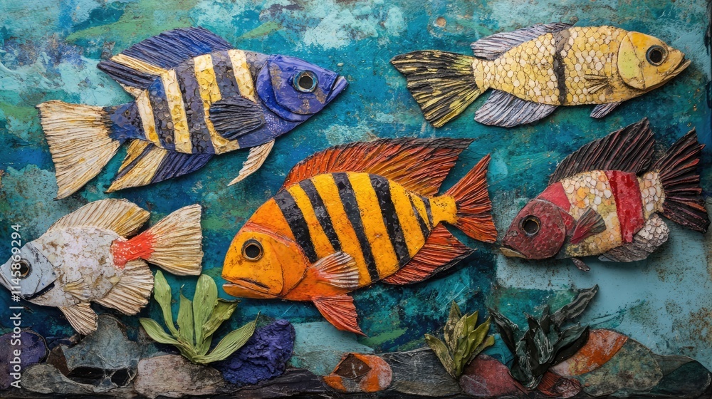 Poster colorful cichlid fish art display with various patterns and textures in a vibrant underwater scene