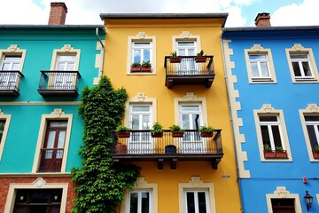 Charming Street Scene with Colorful Buildings, Ornate Details, and Cobblestone Pathway