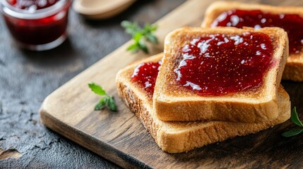 Delight in a breakfast featuring toast and jam, where the perfect combination of toast and jam creates a flavorful start to your day, making breakfast a truly enjoyable experience.