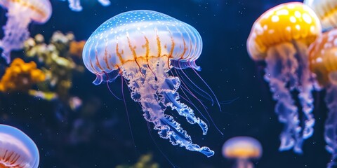 Obraz premium Jellyfish within an aquarium display unique characteristics, as these jellyfish possess the fascinating ability to emit light from their bodies, creating an intriguing aquatic spectacle.