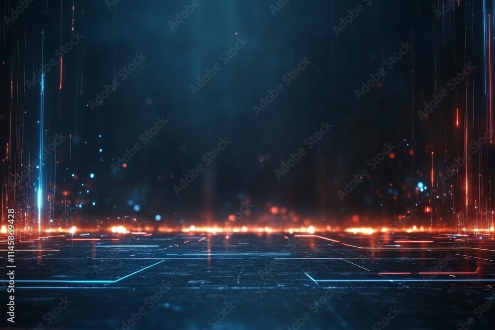 Poster dynamic futuristic digital background with glowing lines and particles in a dark setting
