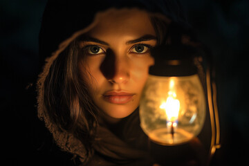A beautiful girl in a hood holding an oil lamp in her hand on dark background.