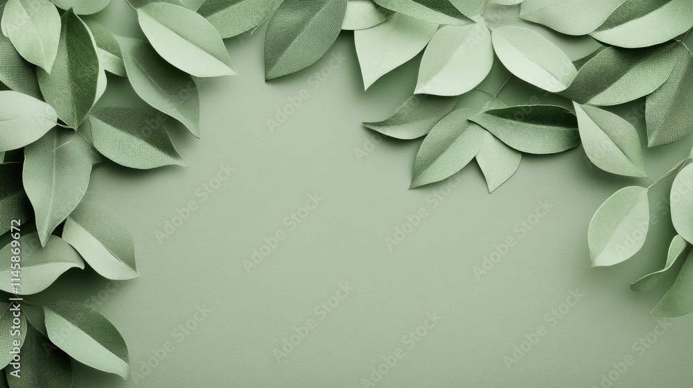 Aufkleber green leaves arranged in a decorative frame on a soft green background for natural and botanical des