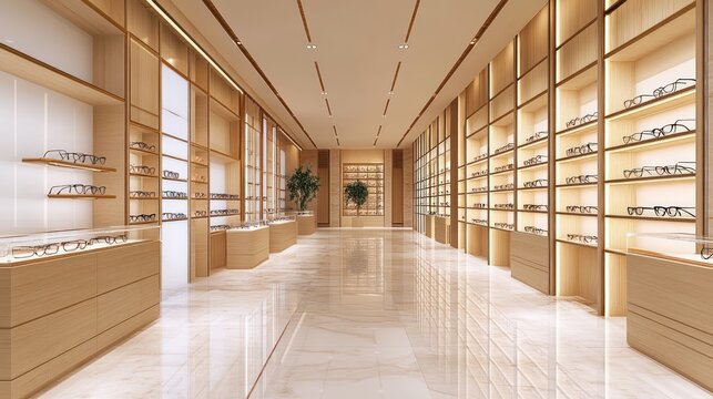 Modern eyewear store interior with wooden shelves and marble floor.
