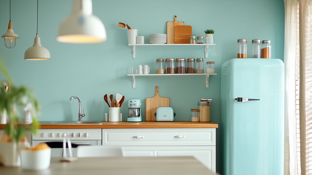 Bright and inviting kitchen with retro elements and modern appliances in a cozy home setting