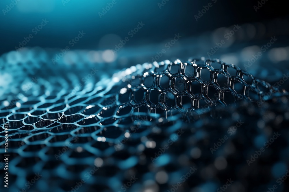 Poster intricate close-up of a textured mesh pattern highlighting hexagonal shapes in deep blue tones