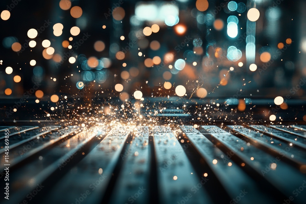 Poster sparking metal creates dynamic light display in industrial workshop during twilight hours