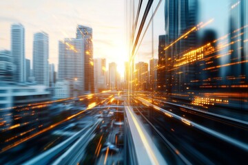 Obraz premium Vibrant sunset skyline with city lights reflecting off modern buildings in a bustling urban environment