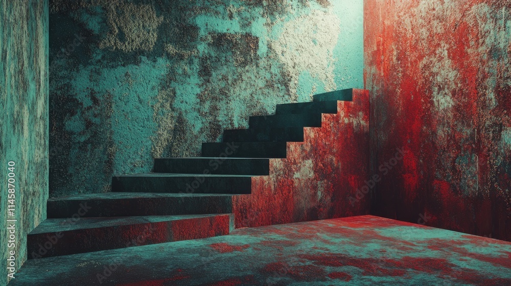 Poster abstract staircase in a weathered room with textured walls and vibrant hues creating a moody and int