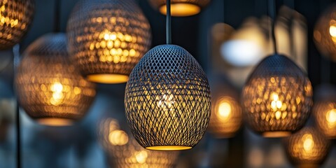 Obraz premium Close up view highlighting intricate details of a modern pendant lamp, with a blurred arrangement of additional pendant lamps in the background for a conceptual touch.