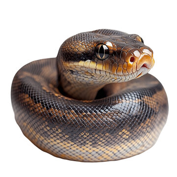 Angled view full body shot of an extremely perfect looking single Bismarck Ringed Python animal isolated on a white transparent background