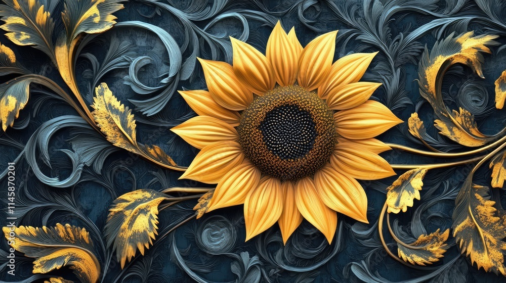Poster ornamental sunflower with intricate leaf patterns on a dark textured background ideal for decorative
