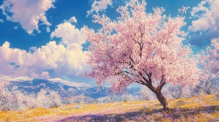 Blossoming almond tree in vibrant landscape with mountains and colorful flowers under a serene sky