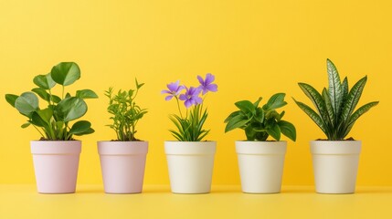 Obraz premium A vibrant display of potted plants against a bright yellow background, banner.