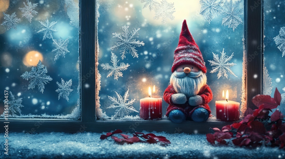 Poster cozy winter scene featuring a gnome with candles by a frosty window adorned with delicate snowflake 