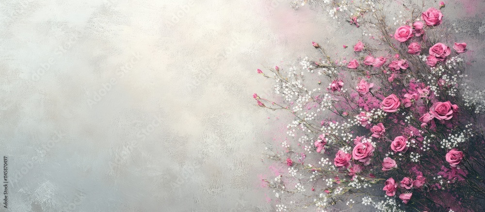 Poster gypsophila blooms and pink roses arranged elegantly on a textured concrete backdrop with ample space