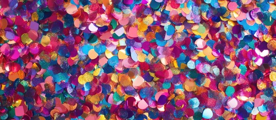 Colorful festive confetti backdrop with blurred sparkles and glitter in vibrant hues creating a joyful flat lay atmosphere