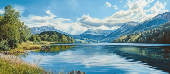 Fototapeta premium Serene Lake Landscape with Mountains and Lush Greenery under a Bright Blue Sky