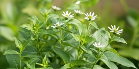 Obraz premium White head plant, also known as False daisy, is an herbal remedy often referred to as Yerba De Tajo. This Eclipta plant Eclipta prostrata is valued for its numerous herbal properties.