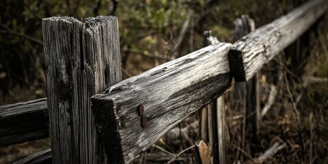 Naklejka premium The weathered wooden fence, a once sturdy structure, now lies in ruins after falling, showcasing the beauty of aged wood and nature s reclamation of the wooden old fence.