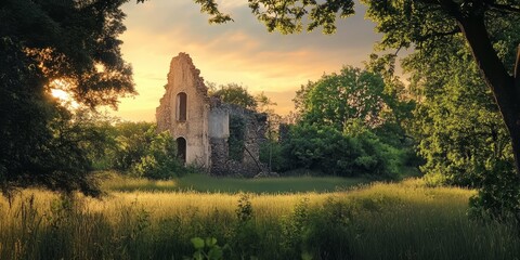 Naklejka premium The ruins of an old house are nestled among the green trees and tall grass, beautifully illuminated by the sunset, creating a serene rural landscape filled with historical charm.