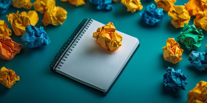 Creative process, A collection of crumpled wads and a notebook showcasing the word idea, highlighting the essence of the creative process in brainstorming innovative thoughts and concepts.