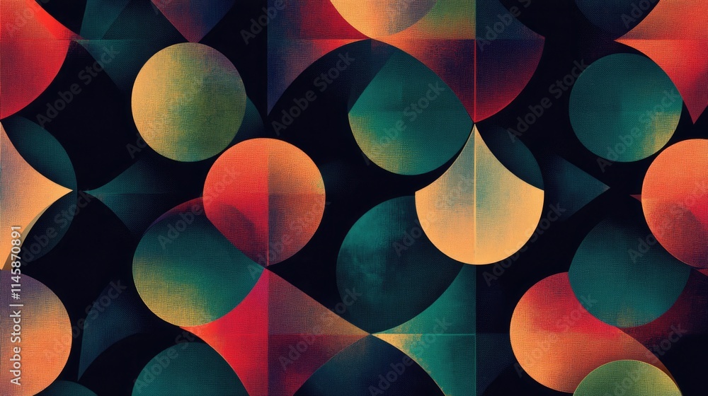 Poster geometric abstract background design with colorful circles and shapes in shades of red, green, and y