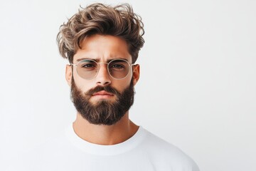 Obraz premium Young man with curly hair and glasses poses against a neutral background