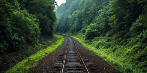 Obraz premium Train tracks meander through a lush landscape, where train tracks are embraced by the vibrant greenery of surrounding trees, creating a picturesque scene that highlights the beauty of nature.