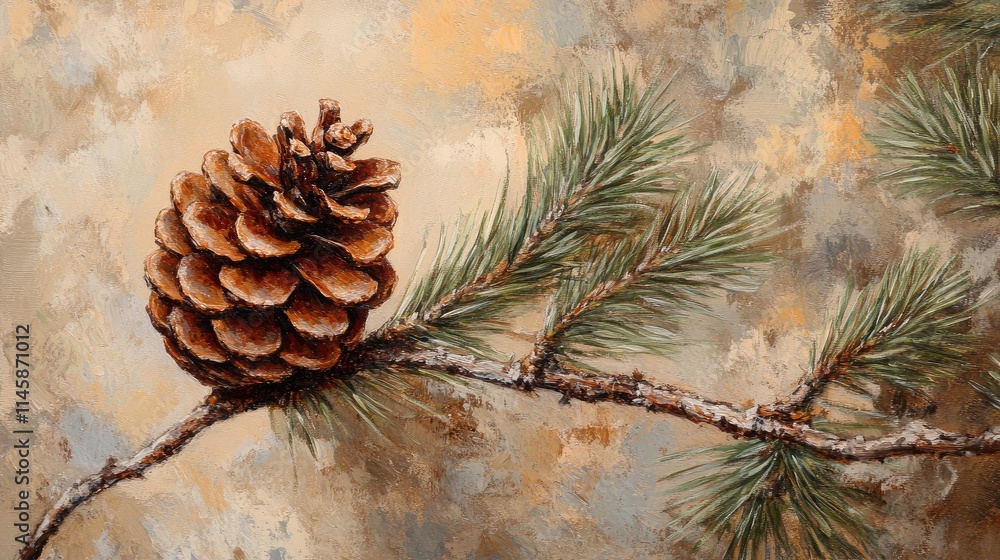 Poster closeup of a detailed pinecone resting on a pine branch against a textured background showcasing nat