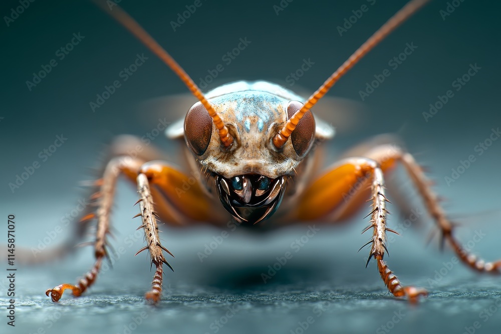 Poster close-up view of a cockroach showcasing intricate details and textures in a dark environment