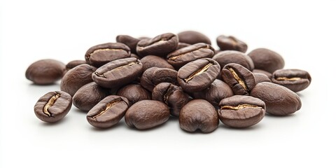 Naklejka premium Isolated coffee beans displayed on a white background, showcasing the rich texture and color of coffee beans in a clean and simple presentation of coffee beans.