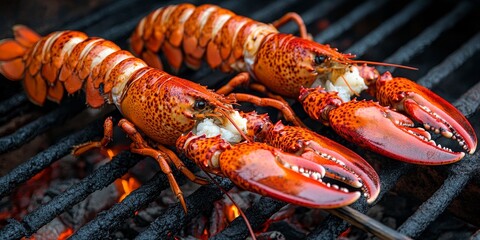 In the summertime, lobster is expertly grilled on a spit over hot coals, resulting in a deliciously cooked dish that promises a flavorful seafood experience.