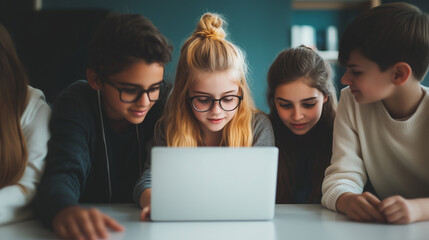 Engaged children collaborating on laptop, showcasing teamwork and learning. Their expressions reflect curiosity and excitement in modern classroom setting.