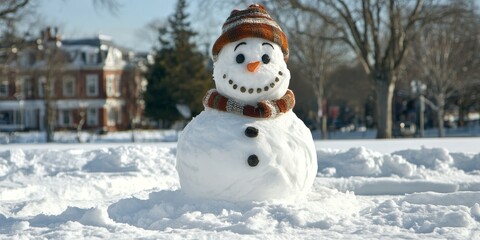 Fototapeta premium Mini snowman, a delightful anthropomorphic snow sculpture resembling a man, showcases creativity and playfulness in winter artistry, highlighting the charm of mini snowman creations.