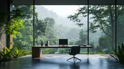 Serene Jungle Office: Modern Workspace with Panoramic Forest View