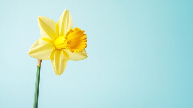 A single bright yellow daffodil with its petals spread wide against a soft pastel blue background, macro shot, Minimalist style