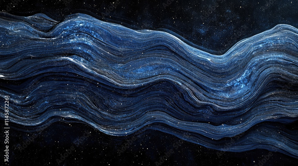 Poster abstract wave of blue particles in a dynamic 3d landscape against a black background representing co