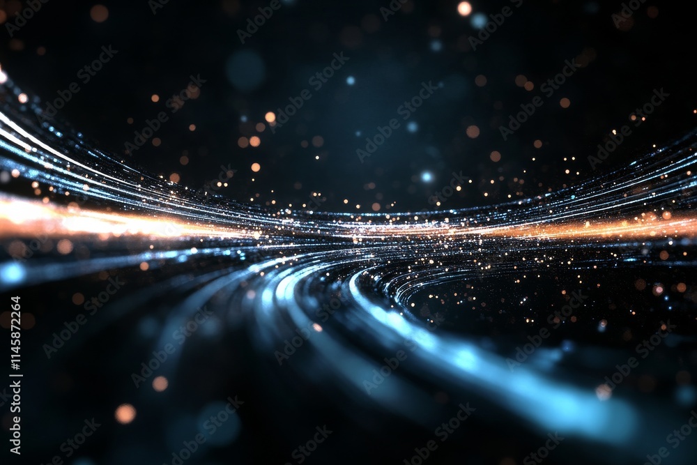 Poster dynamic abstract background with glowing lines and particles representing motion in a dark space
