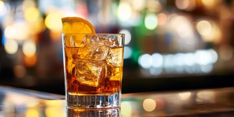 A glass filled with a refreshing cold beverage sits at the bar. The glass is specially prepared, showcasing a chilled drink ready to be enjoyed at the bar.