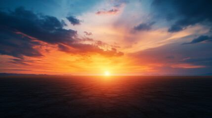 Fototapeta premium breathtaking sunset over vast landscape, showcasing vibrant colors and dramatic clouds. horizon glows as sun sets, creating serene atmosphere.