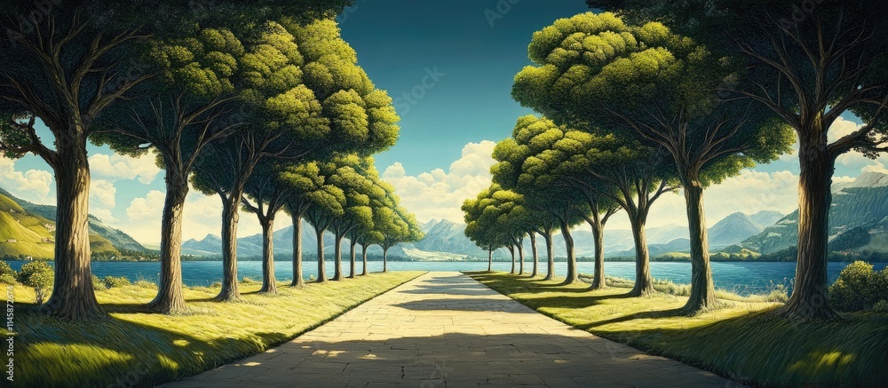 Poster scenic view of trees lining a pathway with a wide perspective of a tranquil lake and mountains under
