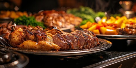 Indoors at a luxurious restaurant, a banquet is being catered with a buffet of food that includes two types of meat chicken and pork, all served on a plate.