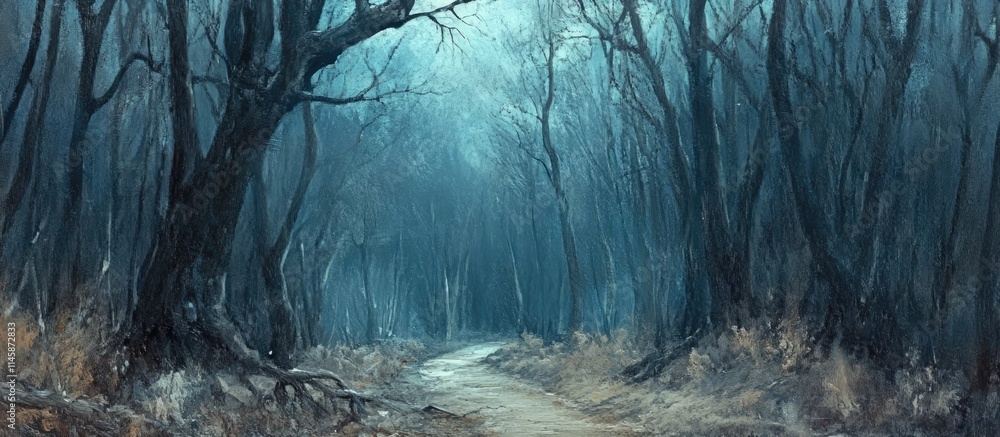 Poster mysterious forest trail in winter with barren trees and fog creating an eerie atmosphere ideal for n