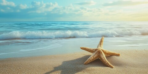 Fototapeta na wymiar Starfish resting on the sandy beach, surrounded by the serene ocean waves and a beautiful seascape, showcasing the natural beauty of starfish in their coastal habitat.
