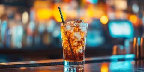 A glass filled with a refreshing cold beverage sits at the bar. The glass is specially prepared, showcasing a chilled drink ready to be enjoyed at the bar.