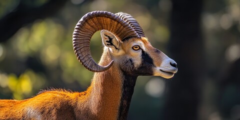 Profile view of a Mouflon Ovis musimon showcasing its unique features and characteristics. This Mouflon displays its distinct appearance in a natural setting. Explore the beauty of the Mouflon.