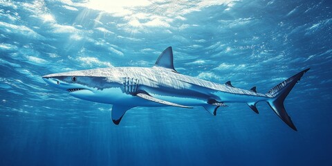 Fototapeta premium Majestic blue shark, scientifically known as Prionace glauca, glides gracefully through the ocean waters, showcasing the beauty and agility of this remarkable blue shark species.
