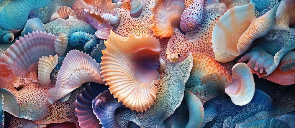 Poster vibrant and intricate ocean shells showcasing a stunning array of colors and textures against a soft