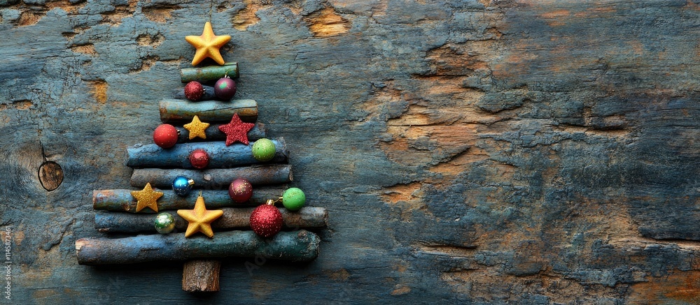 Poster colorful christmas tree design crafted from sticks and ornaments on rustic wooden background with am